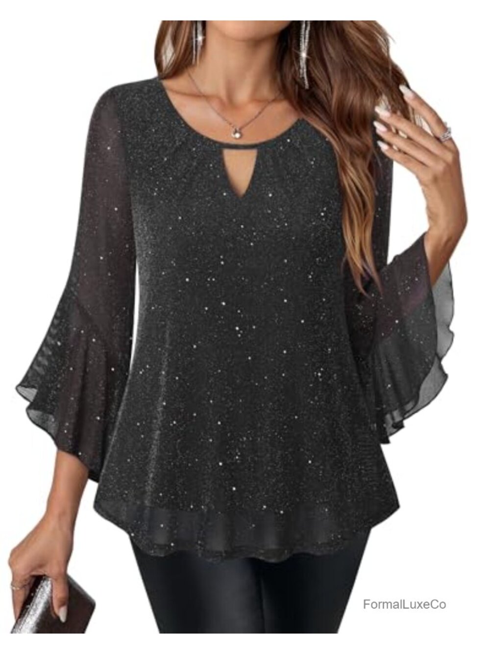 Womens Sparkly Glitter Ruffle 3/4 Sleeve Dressy Cocktail Party Blouse Tunic
